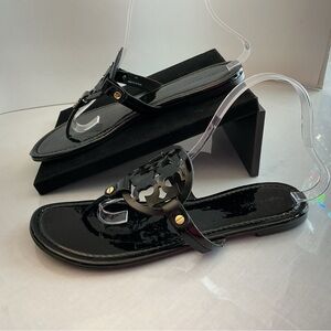 TORY BURCH Miller Patent Leather Logo Sandal Black Size 9